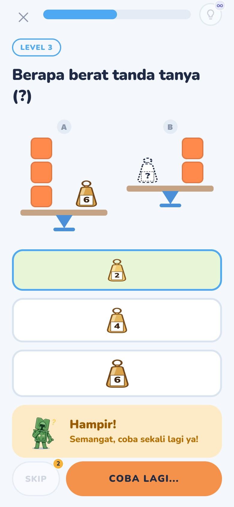 Soal timbangan dengan Rimath yang menyemangati: Hampir! Semangat, coba sekali lagi ya!