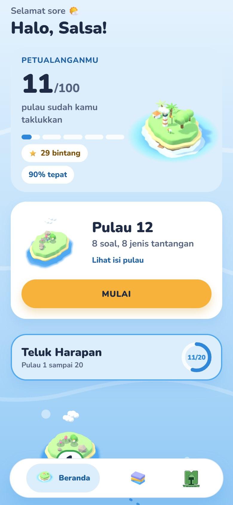 Beranda algorimath dengan progres petualangan